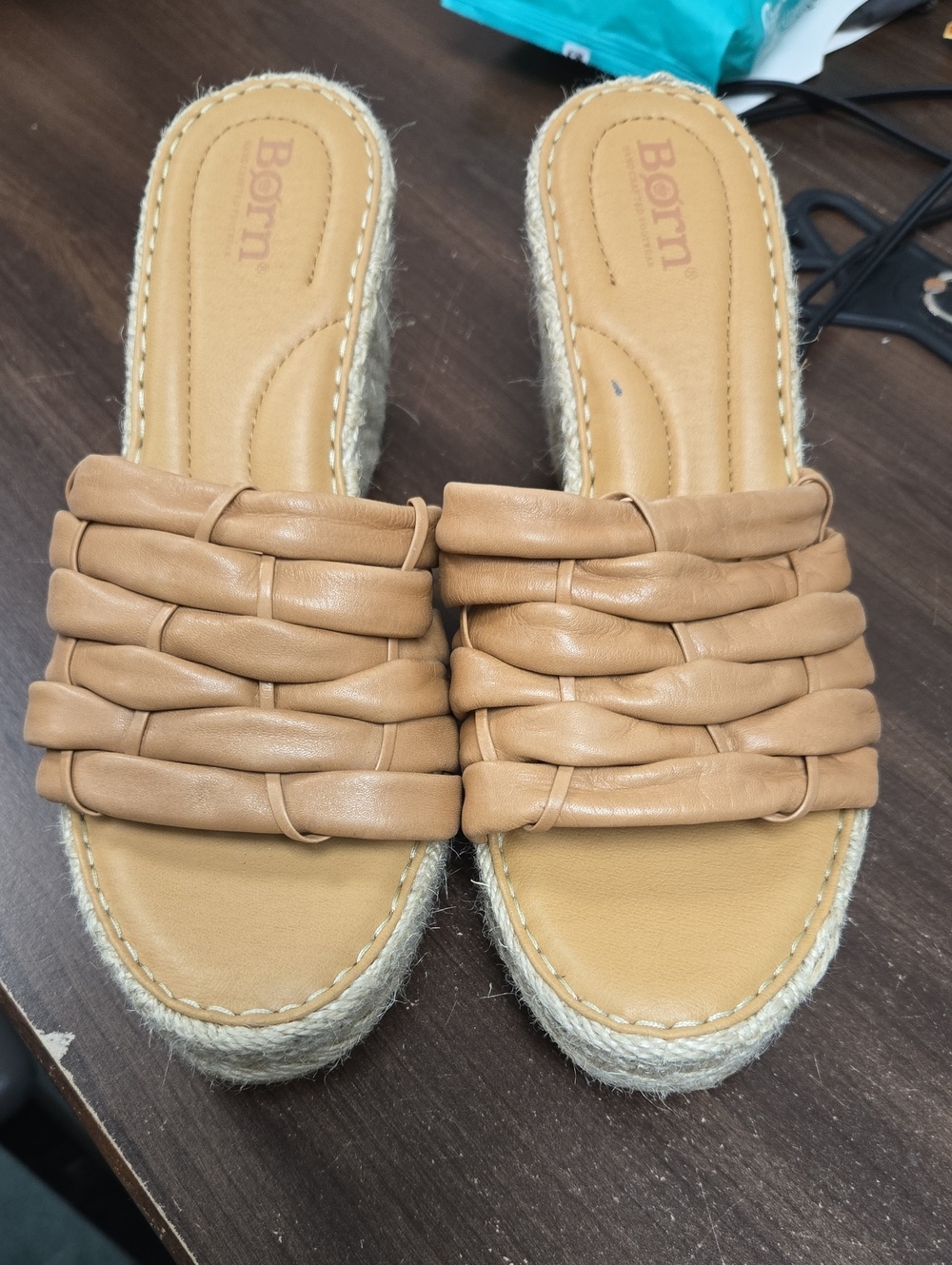 Born Size 8 Tan Faux Leather Slip On Wedge Heel Sandal